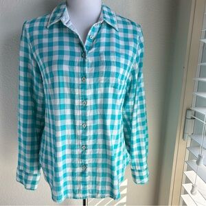Tommy Bahama Grand Gingham Boyfriend Shirt in Aqua Water Blue M